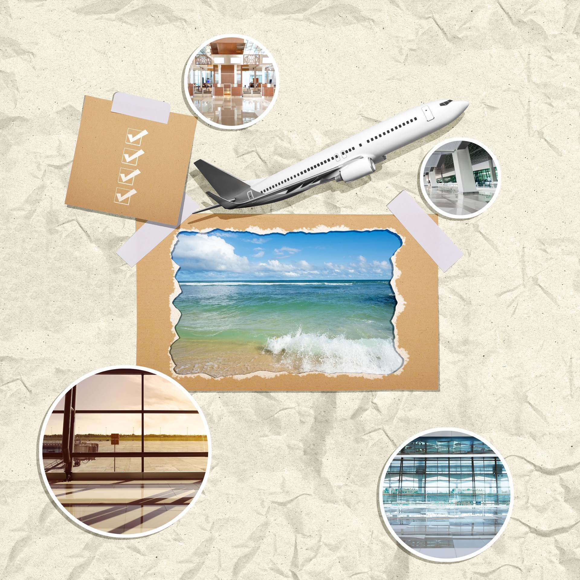 Travel agency is planning summer vacation using photos, airplane model and checklist